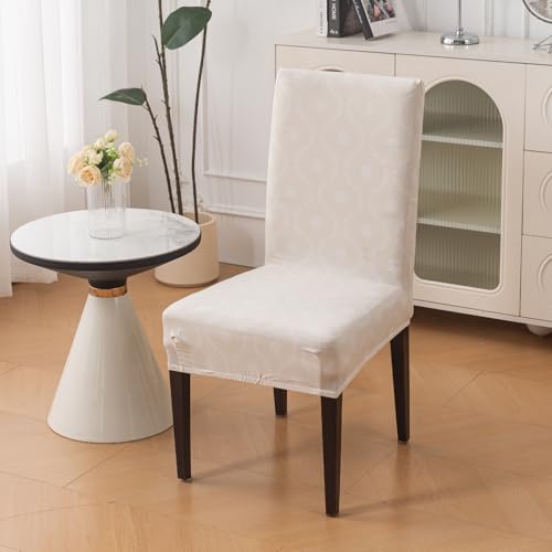 Image of House of Quirk Elastic Chair Cover Stretch Removable Washable Short Dining Chair Cover Protector Seat Slipcover (Pack of 4, Beige Blossom)