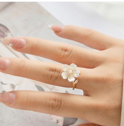 Kokoma Pearl Flower Open Statement Ring for Women Cubic Zirconia Leaf Wrap Finger Band Engagement Promise Ring Wedding Band Dainty Jewelry Gift3