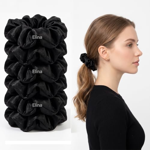 Image of Elina Luxury Satin Scrunchies Set Anti-Hair-Breakage, Silk Hair Ties Set For Girls, Women Elastic Rubber, Best Gift For Mom, Sister, Friends (Pack of 6)(Black color Scrunchies)