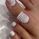 Silver Glitter Press on Toenails Short Square Fake Toe Nails Seashell Pattern Acrylic Full Cover Glossy Toenail Press on Glue on Toenails Cute False Toenails Summer Beach Artificial Nails for Women