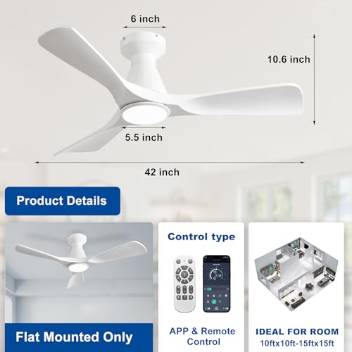 Image of Depuley Ceiling Fans with Lights and APP: Flush Mount Low Profile Ceiling Fan for Bedroom - Dimmable Indoor Outdoor Fan with Remote Control White Timer