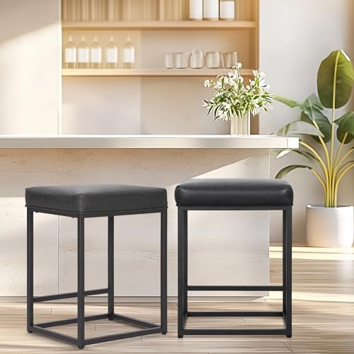 ALPHA HOME Set di 2 sgabelli da bar con poggiapiedi, per la colazione in pelle PU, backless, cucina, sala da pranzo, caffè, per interni ed esterni (nero)