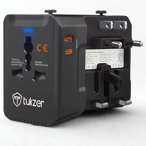 Image of Tukzer Universal Travel Adapter with 20W Type C PD & 18W USB-A Output Port, Universal Plug Socket, All in One International Travel Fast Charging Adapter for Laptop /MacBook & Mobile Charging- Black