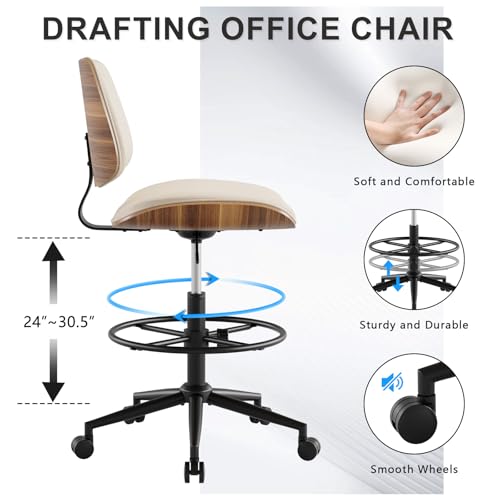 Image of Drafting Chair with Adjustable Footrest, Armless Modern Tall Office Chair for Standing Desk, PU Leather Swivel Stool in Curved Bentwood Style, Ergonomic Rolling Walnut Chair for Office(Beige)
