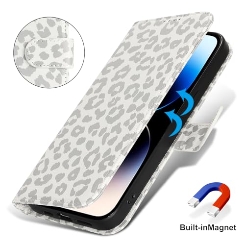 Image of for iPhone 14 Pro Max Case Wallet with Card Holder,for iPhone 14 Pro Max Wallet Case for Women Men,PU Leather Shockproof Magnetic Buckle Stand Flip Phone Case-White Leopard