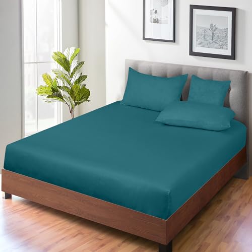 Image of ROYALE LINENS 300 Thread Count 100% Long Staple Combed Cotton Fitted Sheet King - Super Soft Deep Pocket Bottom Sheet - Fitted Sheets Only - Elastic Sheets (King, Teal)