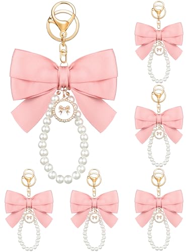 Image of Sureio Pink Bow Keychain Coquette Pearl Bowknot Keyring Bulk Wristlet Keychain Vintage Ribbon Purse Charm for Women Handbags
