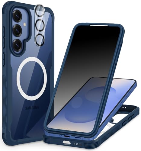 CENHUFO Privacy Cover Samsung Galaxy S25, con Protezione Schermo Vetro Temperato Anti Spia Integrata e Protezione Fotocamera, Magnetica Custodia 360 Gradi Antiurto Rugged Doppia Faccia Case - Blu