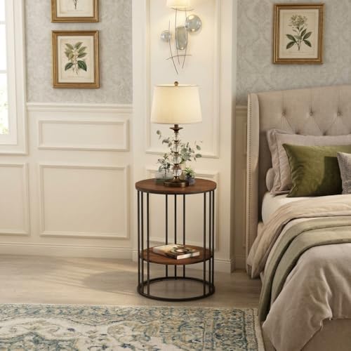Image of NEST NATURE HAVEN Round Side Table Corner End Table for Living Room Bedside Mid Century Modern Accent Coffee Table for Small Spaces Metal Nightstand (Black Brown)