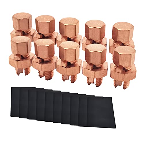 MOKIKUBA 10PCS Split Bolt Connectors Copper Grounding Wire Clamps with 10pcs Heat Shrink Tube for Completing Ground Bonding (Wire 4AWG - 10AWG)