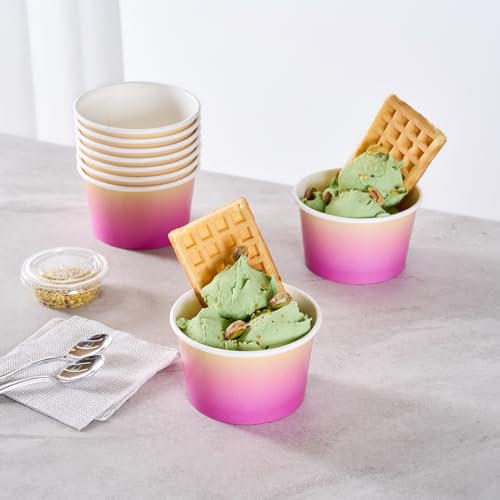 Image of Restaurantware Paper Cups 200 Count 8 Ounce Square Disposable Ice Cream Containers, Leak-Resistant Paper Dessert To Go Cups, Hot And Cold Food, Durable Purple and Yellow Ombre Design