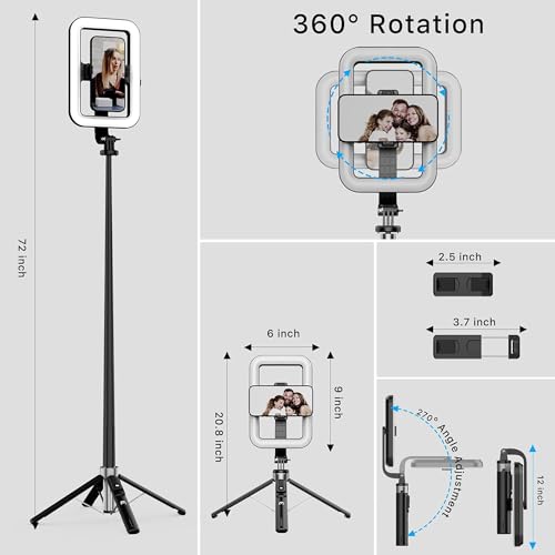 Image of Kratos K46 Big LED Light with 72 Inch Selfie Stick Tripod Stand for Phone, Bluetooth Remote for Content Creators, Reels, YouTube, Travelling & Makeup, Compatible with GoPro, iPhone & Smartphones