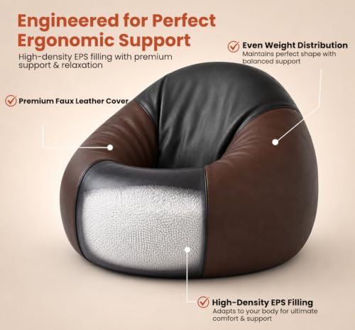 Image of Sattva Classic 4XL Bean Bag Chair with Beans Filled | Faux Leather Sofa Style Beanbags | Pre-Filled Bin Bags Sofa for Adults & Kids | Beam Bag for Home & Office - Black & Brown