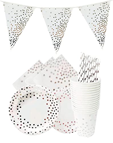 LASE C9 Jetable Vaisselle en carton pour fêtes d'anniversaire 30 personnes. Il comprend une guirlande, des serviettes, des gobelets, des assiettes et des pailles en papier. (Argent)