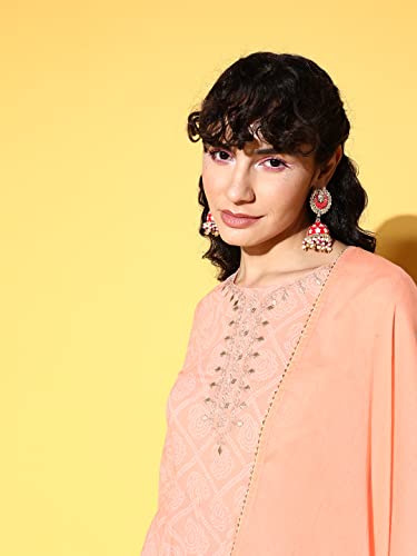 Image of ishin Women's Cotton Blend Peach Embroidered Anarkali Kurta With Dupatta