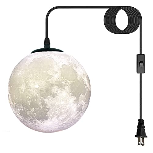 HFUGUD Plug in Pendant Lighting with Cord,Hanging Lamps That Plug Into Wall Outlet White,16.4Ft Hanging Light Cord with Switch,3D Paint Hanging Moon Light for Kids Room(Bulb Included)