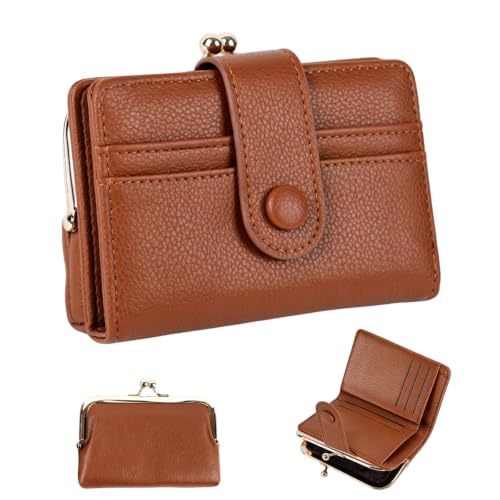 Image of PALAY Womens Leather Folding Wallet Compact PU Blocking Bifold Wallet with Card Slots Zipper Pocket and ID Window Brown for Daily Use and Travels