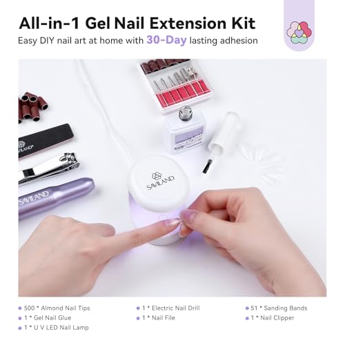 SAVILAND Pro Gel Nail Kit with Drill: Short Almond Tips 12 Sizes Gel Nail X Kit 500 PCS Strong Nail Glue U V Nail Lamp for Nail Extension Salon DIY Home Gift for Women