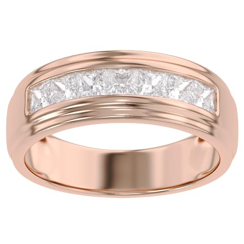 SAVEARTH DIAMONDS Men’s Wedding Band Ring in 14K Solid Rose Gold, 1.00 Ct Princess Cut Lab Created Moissanite 7-Stone Channel Set Anniversary Band, Jewelry Gift for Him, Size-