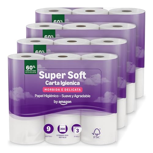 by Amazon Papel Higiénico Supersuave de 3 Capas, 36 Rollos (4 Paquetes de 9), 200 Hojas por Rollo, Con Certificación FSC