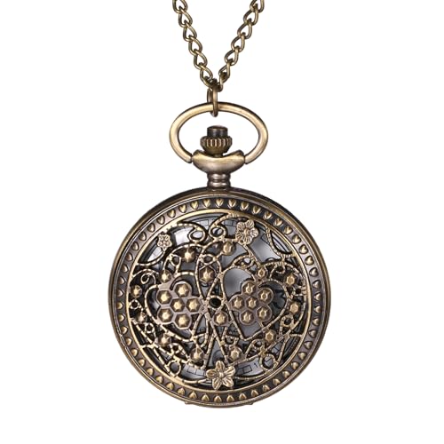 Image of JewelryWe Bronze Flower Pocket Watch: Retro Vintage Pendant Watch with Openwork Cover and 32.3 Inch Chain - for Men Women Daily Wear and Gift Giving