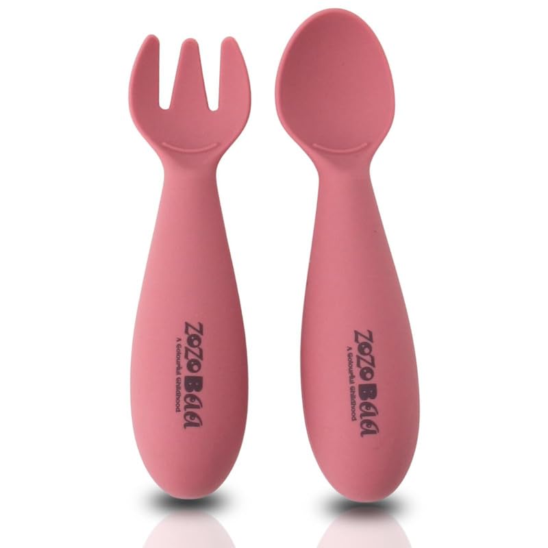 Image of Baby Weaning Spoon & Fork Set, Chewable Silicone Utensils for Training Infants, Baby Led Self Feeding, 6 M+| Gum Friendly, BPA Free, Dishwasher Safe, Unbreakable, 1 Pair, Dark Red