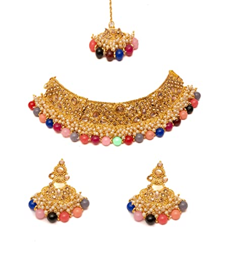 MARVELOUS ARTS – Gold Plated Pearl Choker Necklace with Earrings and Mang Tika, Jewellery Set Wedding Collection for Women