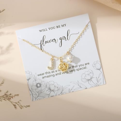 Personalized Flower Girl Proposal Gifts,Initial A-Z Letter Rose Pendant Necklace for Flower Girl On Wedding Bridal Party2
