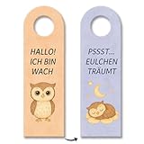 Hallo Ich bin wach Eule träumt Türhänger 3er Set fürs Kinderzimmer lustiger Dekohänger mit Spruch für Kinder