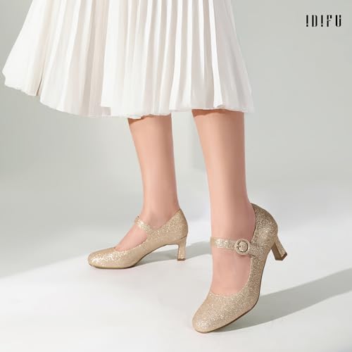 IDIFU IN3 Mary Jane Shoes Women's Closed Round Toe Low Short Small Heels Dressy Heeled Dress Shoes for Women Bride Ladies Wedding Work Comfortable Trendy Pumps with Round Buckle3