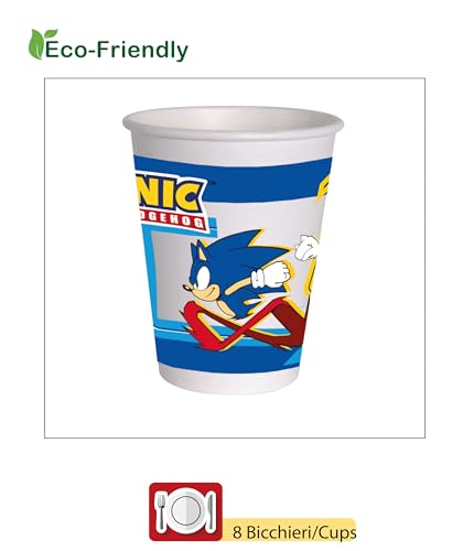 Miniatura 3 de Kit Vajilla De Fiesta Sonic The Hedgehog Para 8 Personas 44 Pcs: 8 Platos Ø23cm, 8 Platos Ø18cm, 8 Vasos 250ml, 20 Servilletas 33x33cm De Papel Compostable Eco-Friendly