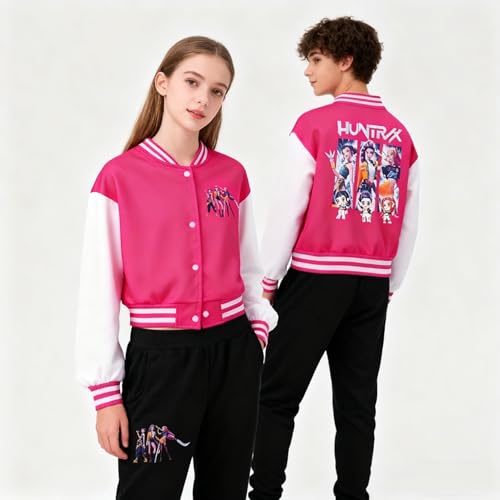 Unisex Kids Regular Fit Demon HUNTRXX Anime Varsity Baseball Jacket and Black Pants Active Sweatsuits3