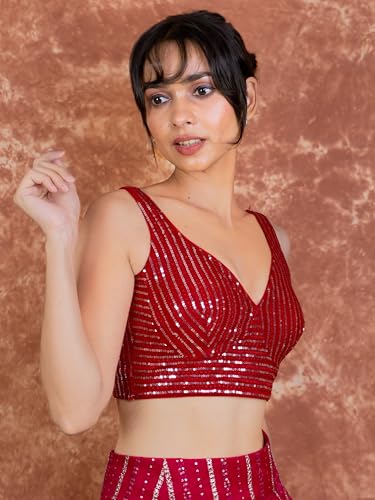 Image of FIGURE'S DESIGNER Women's Sequin Embroidered SabyaSachi Cut Sweetheart V Neck Sleeveless Readymade Saree Blouse E30