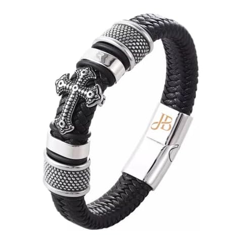 Jewellbox | Men's Braided Leather Bracelet in Black with Cross | Stainless Steel Magnetic Clasp | Luxury Gift Box Cover