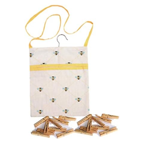 BUSY BEES Print - Yellow & White Garden Bee PRINT Quality Cotton Laundry PEG BAG with Clothes Line Hanging Hook - includes 40 quality wooden clip CLOTHES PEGS Cover