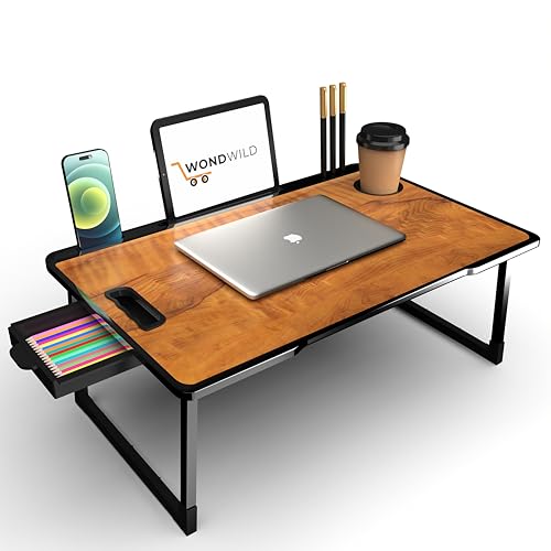 Image of WONDWILD Premium Foldable Wooden Mini Laptop Table for Bed, Study Table with Drawer, Tablet /Mobile Holder for Kids & Adults (Woods COTTED)