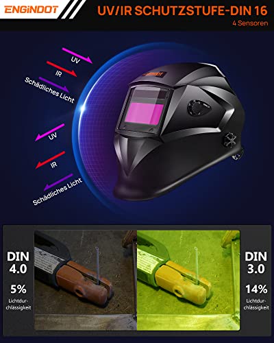 Schweißhelm, ENGINDOT Automatik Verdunkelung Schweißmaske, optische Klasse 1/1/1/1 Schweißmaske mit 4 Sensoren, Vollschattenbereich 4/4-8/9-13, Wig MIG MAG Modi etc., 6 Ersatzlinsen - Image 8
