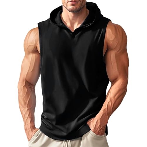 Camiseta sin mangas con capucha para hombre, ligera, para entrenamiento, atletismo, gimnasio, entrenamiento, correr, sin mangas, Negro, L