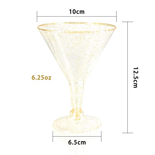 Liacere 24 Pack Gold Glitter Plastic Martini Glasses - 6.25oz Disposable Cocktail Glasses - Plastic Margarita Glasses Perfect for Wedding And Parties