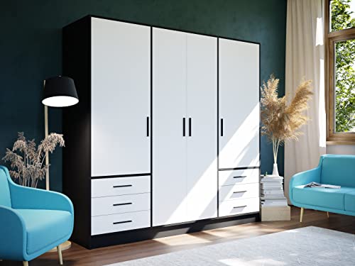 Forte Jupiter Armario 200 210, armario, armario de puertas batientes, 4 puertas, con 6 cajones y estantes, negro blanco, 206.5 cm de ancho x 60 cm de profundidad x 200 cm de alto - imagen 7