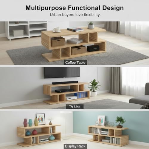 Image of FURLAY Zentro Classic Oak Coffee Table for Living Room, Modern Engineered Wood Center Table with Multi-Level Open Storage Shelves, 90 x 40 x 40 cm (FWCT2-Classic Oak)