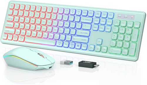 Wireless Keyboard and Mouse Combo - RGB Backlit, Rechargeable & Light Up Letters, Full-Size, Ergonomic Tilt Angle, Sleep Mode, 2.4GHz Quiet Keyboard Mouse for Mac, Windows, Laptop, PC, Mint Green