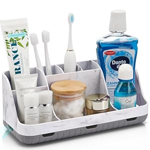 Marble Bathroom Countertop Organizer – Detachable 7 Slots Kids Electric Toothbrush and Toothpaste Holde Drainage for Bathroom Accessories Organization Counter Vanity Storage, Grey
