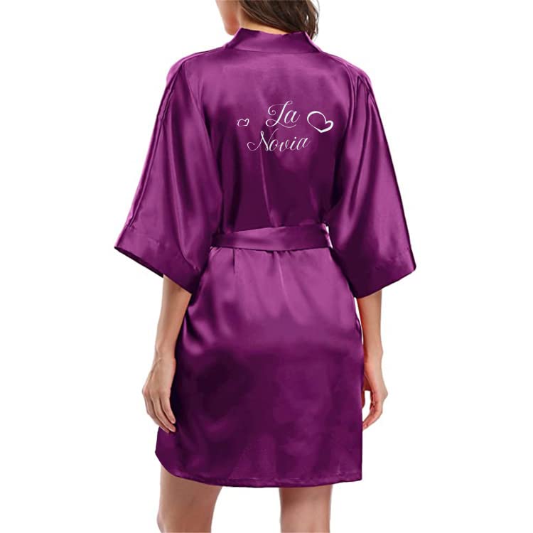 Bata Novia - Albornoz Satén para Mujer - Kimono Bata para Novia Dama de Honor (Purpura Novia, M)