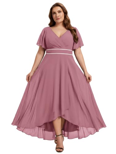 Image of Ever-Pretty Plus Women's Chiffon V-Neck Beading Ruffles Sleeves Maxi High Low Plus Size Formal Dresses
