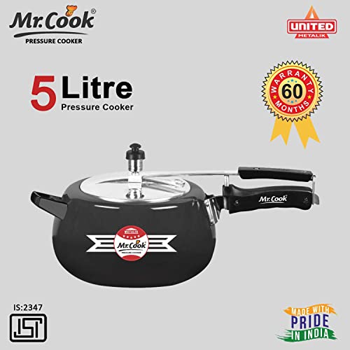 Image of MR COOK By United Metalik Elite Plus Aluminium Induction Base Hard Anodised Pressure Cooker with Stainless steel Inner Lid, Lead Free Safety Valve, Easy Grip Handle, Gas stove Compatible, 60 months warranty (Black) (5 Litre)