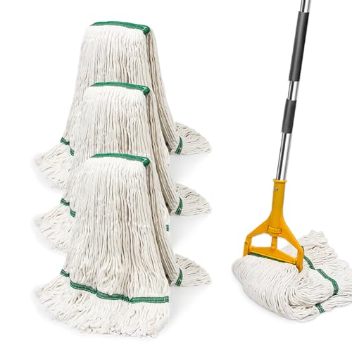 kCarpoly 3 Pack Heavy Duty Commercial Industrial Mop Replacement Heads with 48 Long Handle 20oz Looped-End String Wet Cotton Mops Refills for Home Garage Office and Kitchen