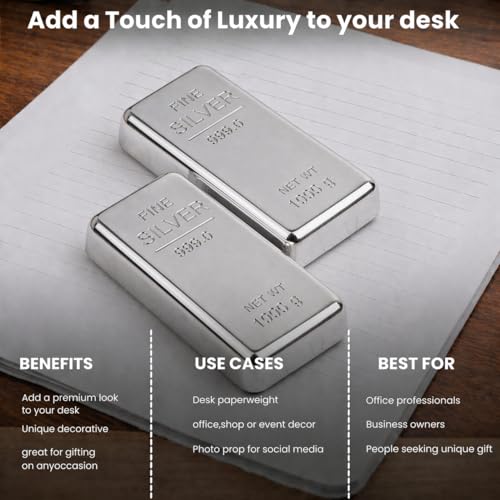 Image of ZAHEPA Realistic Metal Silver Bar Paperweight for Office Table, Fake Silver Biscuit Paper Weight Table Decoration, Prop for Jewellery Shop & Heist Theme, Unique Gift for Home & Office (Pack of 2)