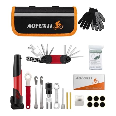 AOFUXTI Bicycle Tire Patch Repair Kit, Bike Chain Repair Wrench, Essential Mini Pump, Portable Adult Bicycle Toolkit Accessories,Tool Kit for Camping Travel, Best Gifts for Men and Women Cover