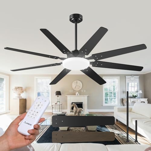 Amico 64 inch Ceiling Fans with Lights,Large Ceiling Fan with Light and Remote Control, Dimmable, 6 Speed Reversible Quiet DC Motor, Black Modern Ceiling fan For Living Room, Kitchen, Patio